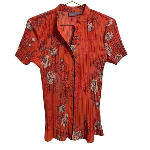Vintage Laura Scott Button Front Leaf Print Blouse Orange Black MED - Picture 1 of 7